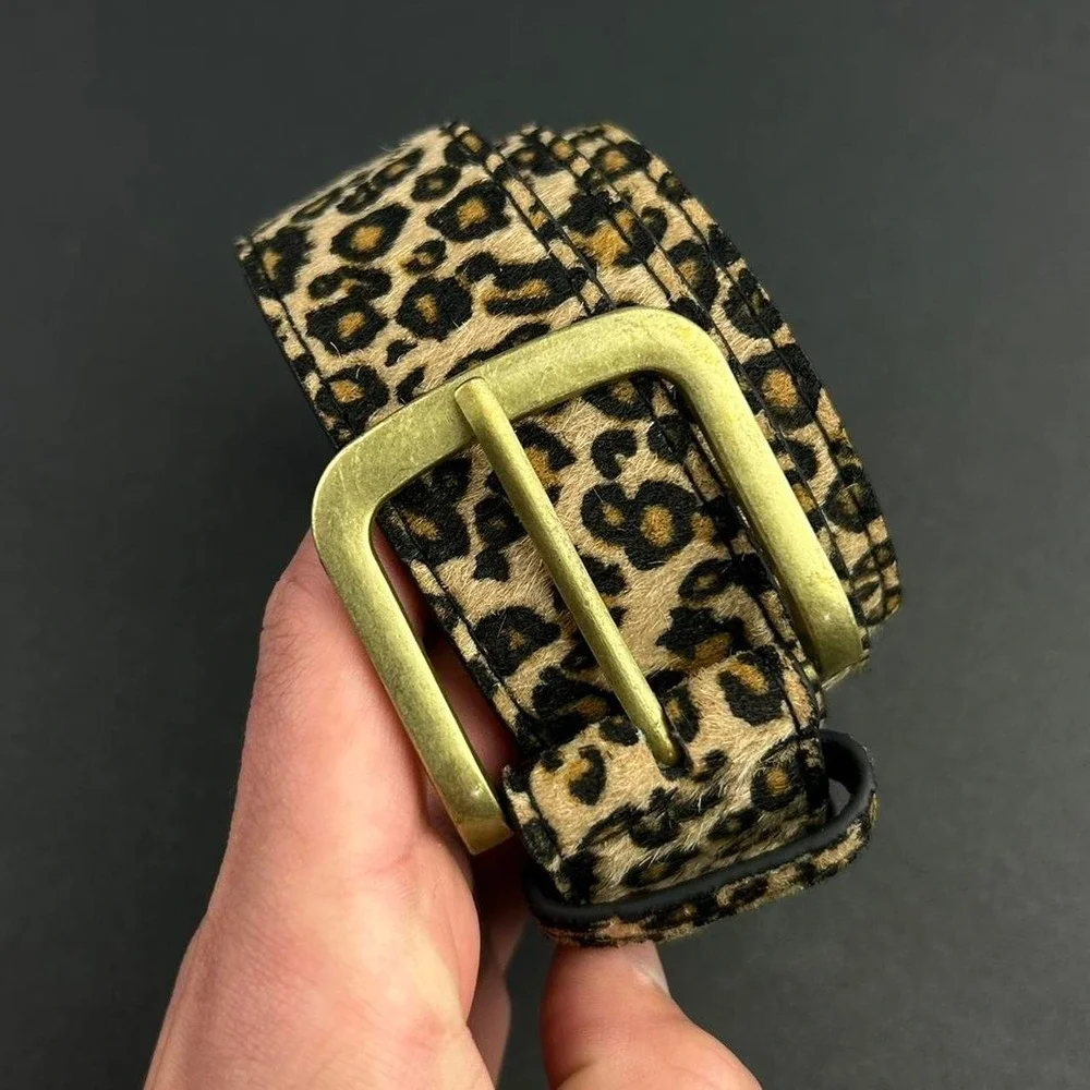 Vintage style cheetah leopard print fur belt american western boho black and tan